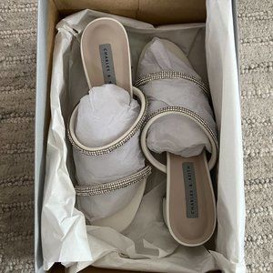 Charles and Keith - Cream, Gem-Encrusted Strappy Heeled Mules